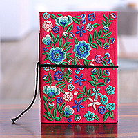 Rayon embroidered journal, 'Cerise of Blossoms' - Floral Green and Cerise Rayon-Embroidered Handmade Journal