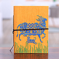 Rayon embroidered journal, 'Kamadhenu in Marigold' - Traditional Kamadhenu Marigold Rayon-Embroidered Journal