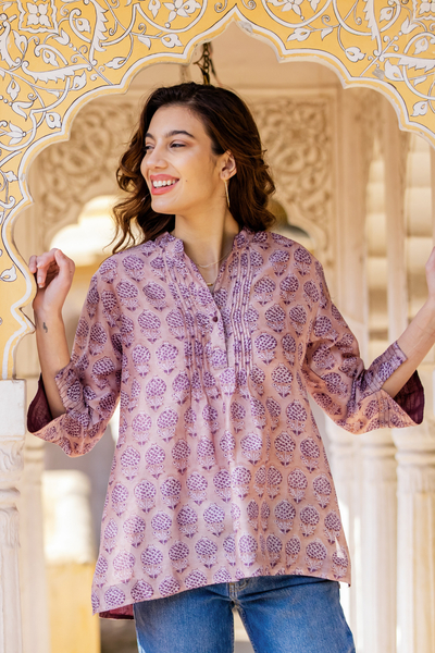 Cotton and silk tunic, 'Lilac Garden' - Lilac Comfortable Cotton and Silk Tunic from India