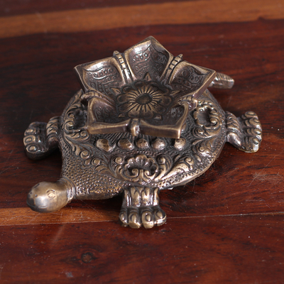 Brass sculpture, 'Floral Guidance' - Floral Turtle-Shaped Antiqued Brass Sculpture from India