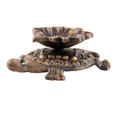 Brass sculpture, 'Leafy Guidance' - Leafy Turtle-Shaped Antiqued Brass Sculpture from India