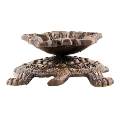 Escultura de latón - Escultura de latón envejecido en forma de tortuga frondosa de la India