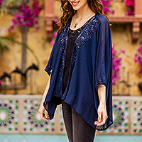 Embellished layering jacket, 'Jaipur Glam' - Dark Blue Embellished Layering Georgette Jacket from India