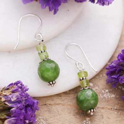 Agate and peridot dangle earrings, 'Vital Green' - Green Agate and Natural Peridot Beaded Dangle Earrings