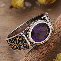 Men's amethyst single stone ring, 'Bold Dazzle in Purple' - Men's Amethyst Silver Single Stone Ring with Vine Motifs