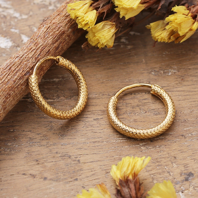 Gold-plated hoop earrings, 'Indian Palaces' - Polished Geometric-Patterned 14k Gold-Plated Hoop Earrings