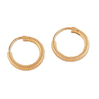 Gold-plated hoop earrings, 'Indian Palaces' - Polished Geometric-Patterned 14k Gold-Plated Hoop Earrings
