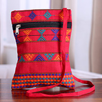 Handwoven cotton passport bag, 'Audacious Traveler' - Handwoven Poppy-Toned Colorful Passport Bag with Zipper