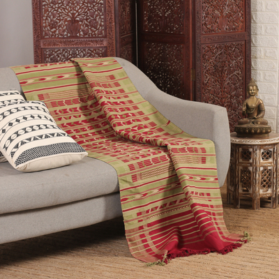 Cotton throw, 'Jodhpur Glory' - Handcrafted Cherry and Green Cotton Throw from India