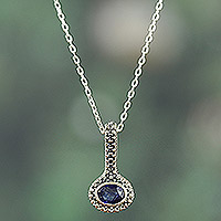 Rhodium-plated sapphire pendant necklace, 'Augured Joy'
