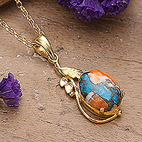 Gold-plated pendant necklace, 'Distinguished Elegance' - Leafy 22k Gold-Plated Composite Turquoise Pendant Necklace