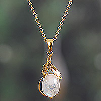 Collar colgante de piedra lunar arco iris chapado en oro, 'Elegancia etérea' - Collar colgante de piedra lunar arco iris chapado en oro de 22 k