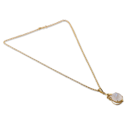 Gold-plated rainbow moonstone pendant necklace, 'Ethereal Elegance' - Leafy 22k Gold-Plated Rainbow Moonstone Pendant Necklace