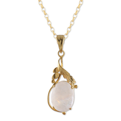 Gold-plated rainbow moonstone pendant necklace, 'Ethereal Elegance' - Leafy 22k Gold-Plated Rainbow Moonstone Pendant Necklace