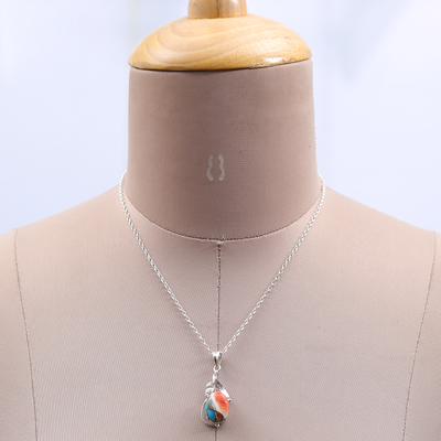 Halskette mit Anhänger aus Sterlingsilber, „Nature's Elegance“ – hochglanzpolierte Halskette mit türkisfarbenem Blatt-Verbundanhänger