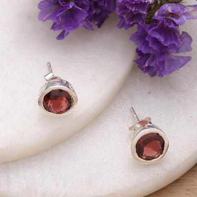 Garnet stud earrings, 'Spark of Romance' - Faceted Natural Two-Carat Garnet Stud Earrings from India