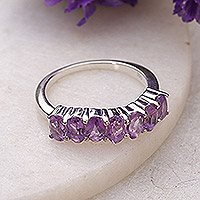 Amethyst multi-stone ring, 'Lilac Vibe' - Sterling Silver Ring with 7 Amethyst Gemstones from India