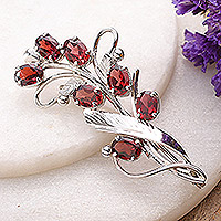 Garnet brooch pin, 'Passionate Bouquet' - Floral Three-Carat Garnet and Sterling Silver Brooch Pin