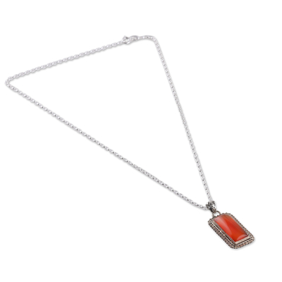 Carnelian pendant necklace, 'Fiery Portal' - Sterling Silver and Rectangular Carnelian Pendant Necklace