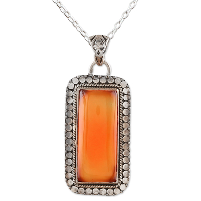 Carnelian pendant necklace, 'Fiery Portal' - Sterling Silver and Rectangular Carnelian Pendant Necklace