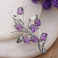Amethyst brooch pin, 'Blossoming Wisdom' - Floral 7-Carat Amethyst and Sterling Silver Brooch Pin