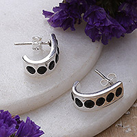 Onyx half-hoop earrings, 'Mystic Curve' - High-Polished Sterling Silver Black Onyx Half-Hoop Earrings