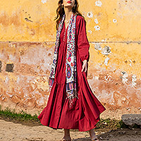 Cotton maxi dress, 'Saving Grace in Pomegranate' - Relaxed Fit Long Sleeved Cotton Maxi Dress in Burgundy