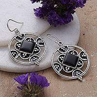 Onyx dangle earrings, 'Enigmatic Romance' - Sterling Silver and Onyx Cabochon Dangle Earrings from India