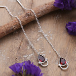 Garnet threader earrings, 'Romantic Charm' - Sterling Silver Threader Earrings with 1-Carat Garnet Gems