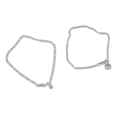 Tobilleras de perlas cultivadas y plata de primera ley (juego de 2) - Tobilleras con perlas y plata de ley con temática de paz (juego de 2)