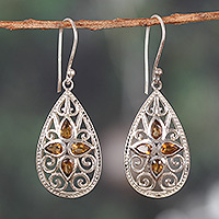 Citrine dangle earrings, 'Queen of Joy' - Floral Three-Carat Pear Citrine Dangle Earrings from India