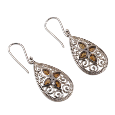 Citrine dangle earrings, 'Queen of Joy' - Floral Three-Carat Pear Citrine Dangle Earrings from India
