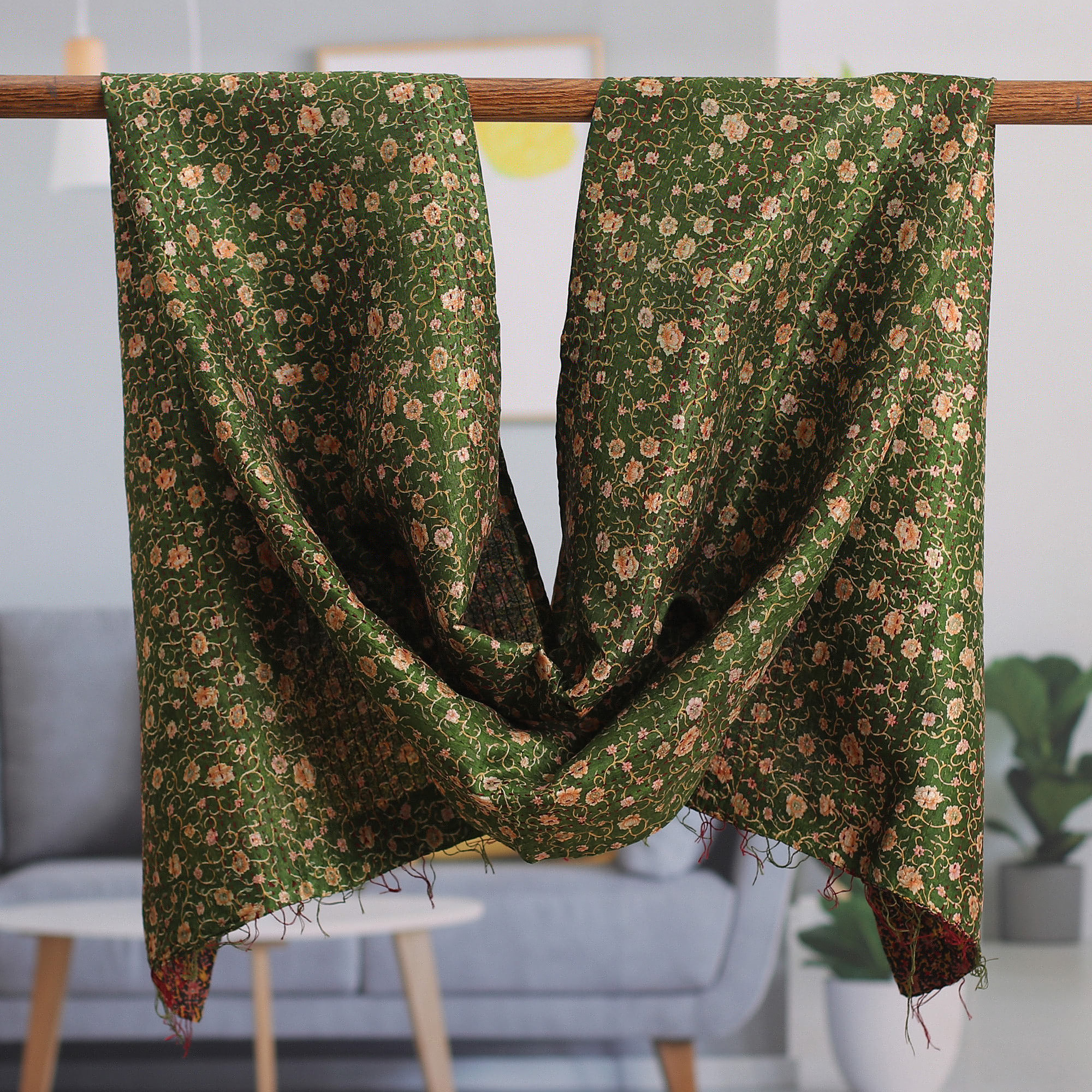 Reversible silk scarf, 'Floral Seasons' - Kantha Embroidered Green and Black Reversible Silk Scarf