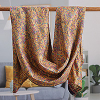 Reversible silk scarf, 'Floral Visions' - Kantha Embroidered Beige and Ivory Reversible Silk Scarf