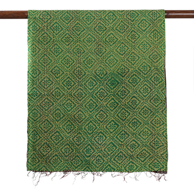 Reversible silk scarf, 'Classic Fusions' - Geometric-Patterned Green and Black Reversible Silk Scarf