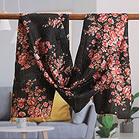 Reversible silk scarf, 'Day & Night' - Floral-Patterned Black and White Reversible Silk Scarf