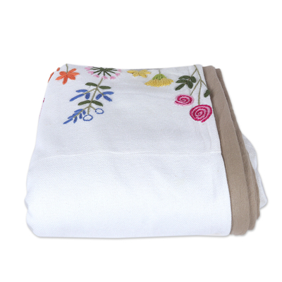 Embroidered cotton bedspread and pillow sham set, 'Taupe Blooming' (twin) - Embroidered Floral Cotton Twin Bedspread and Pillow Sham Set