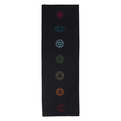 Esterilla de yoga de algodón bordada, (2x6) - Estera de yoga de algodón bordada con temática de chakras en negro (2x6)