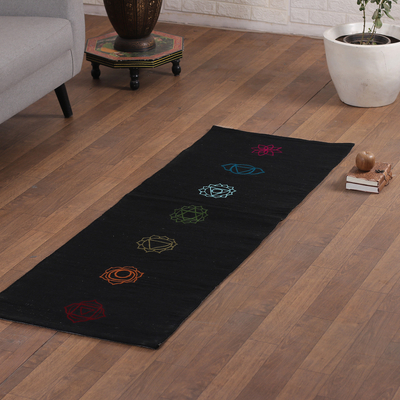 Embroidered cotton yoga mat, 'Chakras in Black' (2x6) - Chakra-Themed Embroidered Cotton Yoga Mat in Black (2x6)