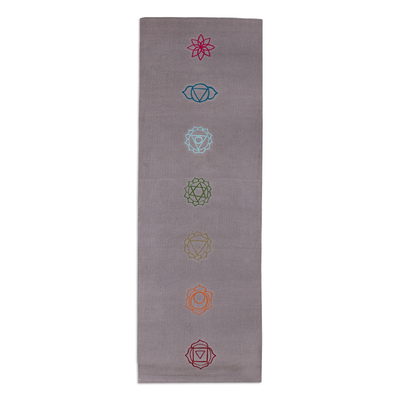 Esterilla de yoga de algodón bordada, (2x6) - Estera de yoga de algodón bordada con temática de chakras en gris (2x6)
