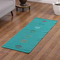 Embroidered cotton yoga mat, 'Chakras in Turquoise' (2x6) - Chakra-Themed Embroidered Cotton Yoga Mat in Turquoise (2x6)