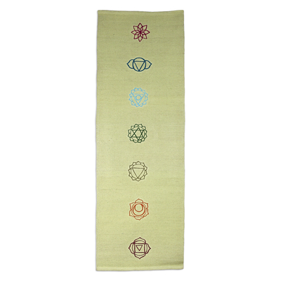 Esterilla de yoga de algodón bordada, (2x6) - Estera de yoga de algodón bordada con temática de chakras en verde (2x6)