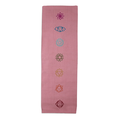 Embroidered cotton yoga mat, 'Chakras in Pink' (2x6) - Chakra-Themed Embroidered Cotton Yoga Mat in Pink (2x6)