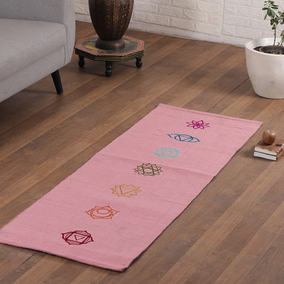 Embroidered cotton yoga mat, 'Chakras in Pink' (2x6) - Chakra-Themed Embroidered Cotton Yoga Mat in Pink (2x6)