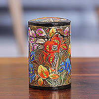 Porta palillos de madera, 'Floral Grandeur' - Papel maché floral pintado a mano en soporte de palillo de madera