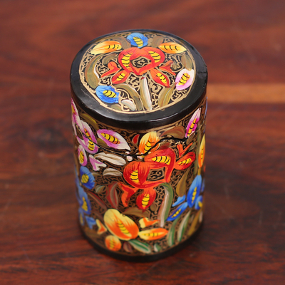 Wood toothpick holder, 'Floral Grandeur' - Hand-Painted Floral Papier Mache on Wood Toothpick Holder