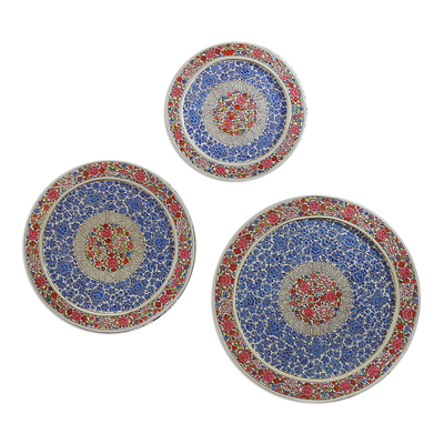 Wood wall accents, 'Elysium Portals' (set of 3) - Set of 3 Painted Floral Round Blue and Red Wood Wall Accents