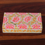 Wood decorative box, 'Blooming Kashmir in Pink' - Pink Papier Mache on Wood Floral Leaf & Bird Decorative Box