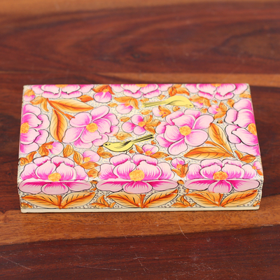Wood decorative box, 'Blooming Kashmir in Pink' - Pink Papier Mache on Wood Floral Leaf & Bird Decorative Box