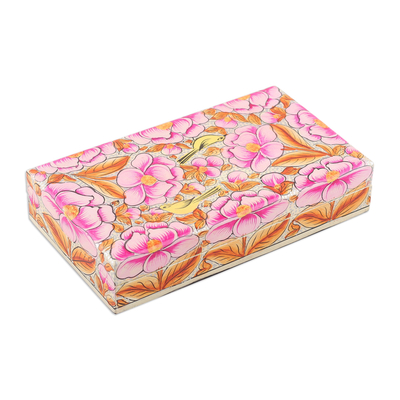Wood decorative box, 'Blooming Kashmir in Pink' - Pink Papier Mache on Wood Floral Leaf & Bird Decorative Box